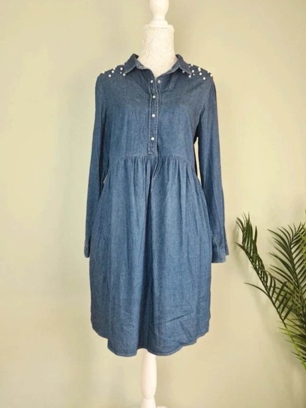 Denim Blue Pearl-Accent Maxi Shirt Dress